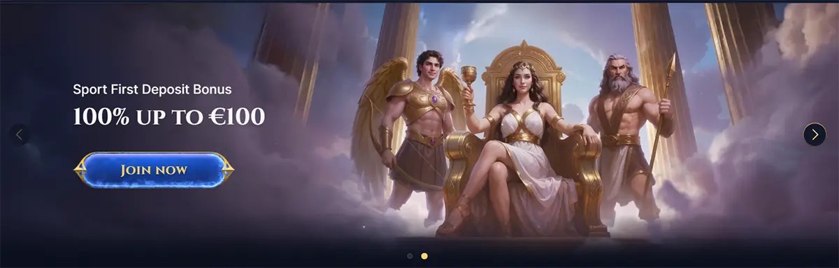 Sports first deposit bonus banner with a queen on a golden throne between two armored gods in a cloudy temple scene, offering 100% up to €100 and a “Join Now” button.