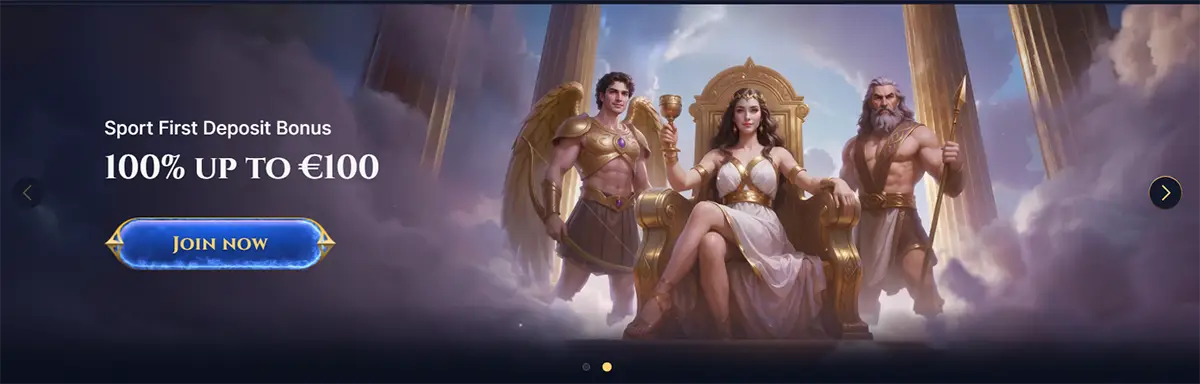 Sports first deposit bonus banner with a queen on a golden throne between two armored gods in a cloudy temple scene, offering 100% up to €100 and a “Join Now” button.