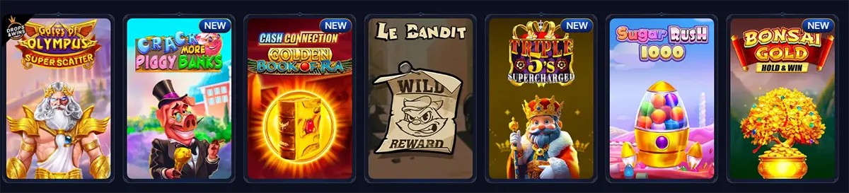 Row of slot game tiles in a casino lobby carousel: Gates of Olympus Super Scatter, Crack More Piggy Banks (New), Cash Connection Golden Book of Ra (New), Le Bandit, Triple 95’s Supercharged (New), Sugar Rush 1000 (New), and Bonsai Gold Hold & Win (New).