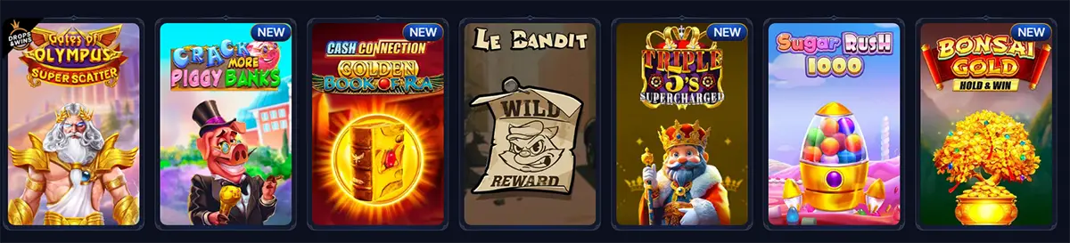 Row of slot game tiles in a casino lobby carousel: Gates of Olympus Super Scatter, Crack More Piggy Banks (New), Cash Connection Golden Book of Ra (New), Le Bandit, Triple 95’s Supercharged (New), Sugar Rush 1000 (New), and Bonsai Gold Hold & Win (New).