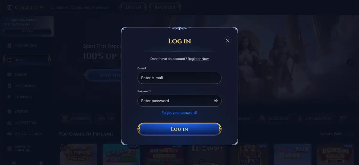 Dark-themed casino Log In popup with email and password fields, “Forgot your password?” link, and a blue LOG IN button over a blurred homepage background.