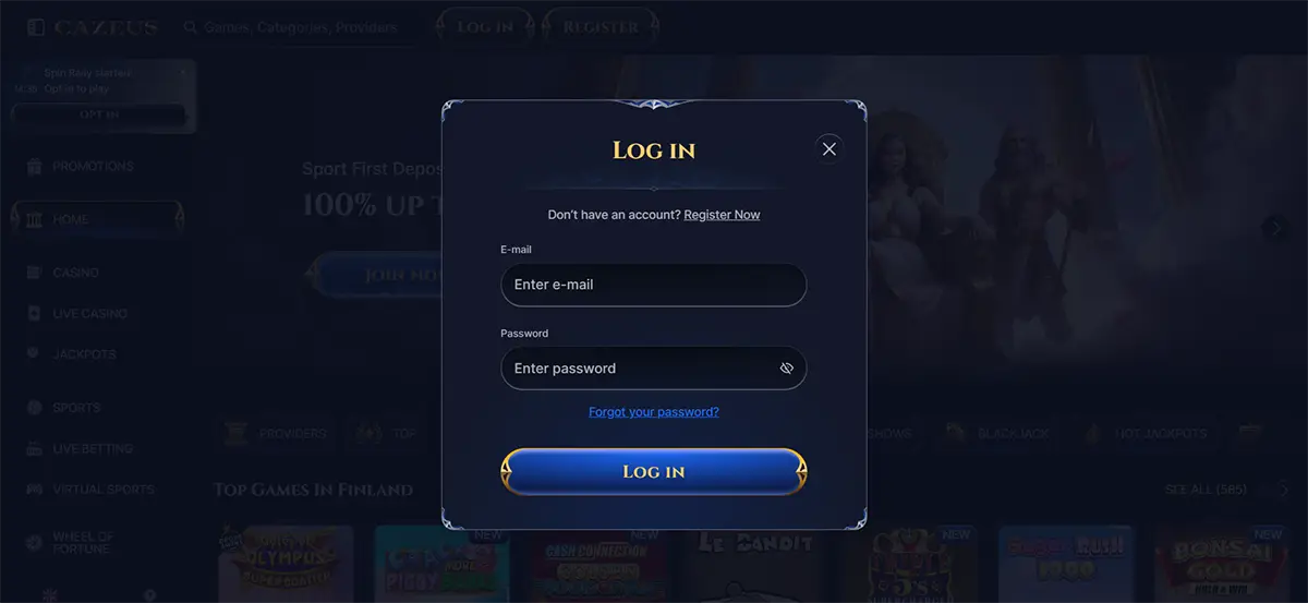 Dark-themed casino Log In popup with email and password fields, “Forgot your password?” link, and a blue LOG IN button over a blurred homepage background.